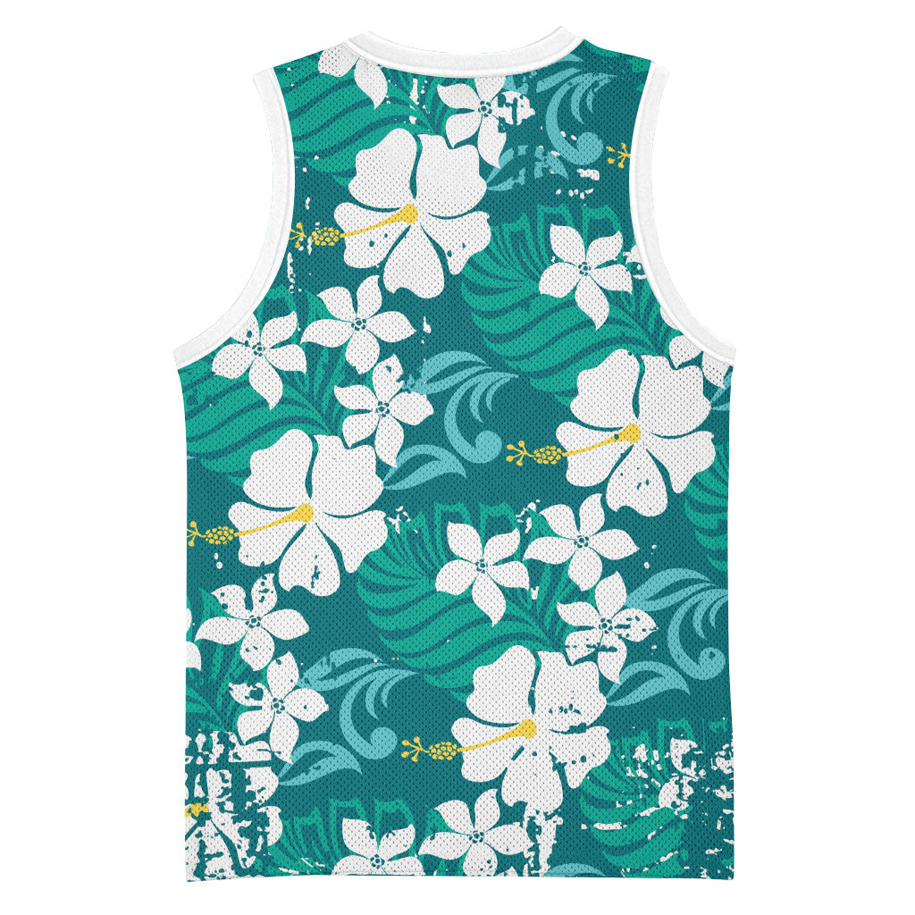 Teal Hawaiian Hibiscus Monstera Basketball Jersey Grunge Stylized LT01 - Polynesian Pride
