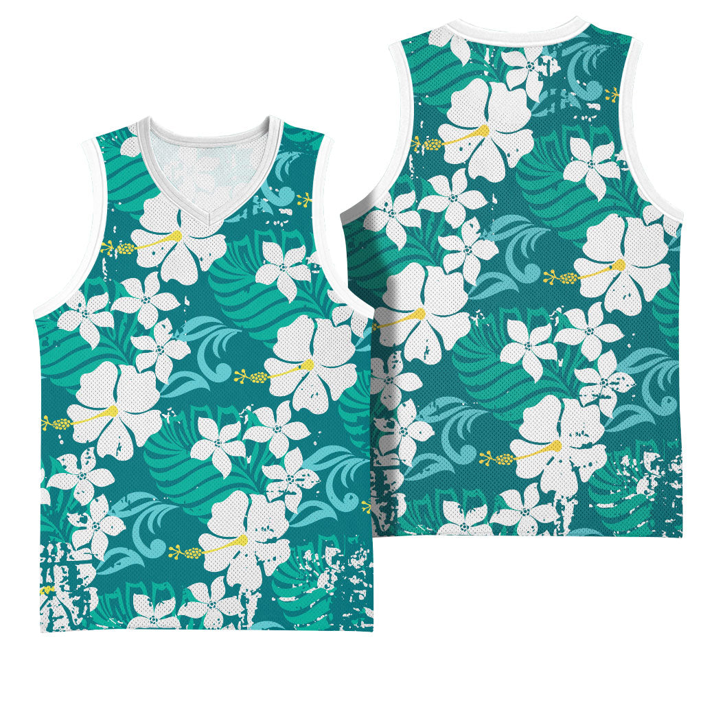 Teal Hawaiian Hibiscus Monstera Basketball Jersey Grunge Stylized LT01 - Polynesian Pride