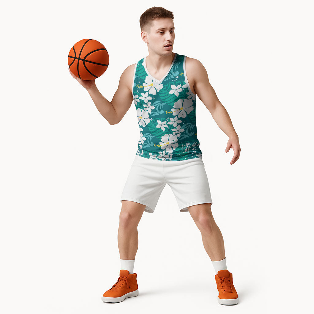 Teal Hawaiian Hibiscus Monstera Basketball Jersey Grunge Stylized LT01 - Polynesian Pride