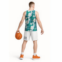 Teal Hawaiian Hibiscus Monstera Basketball Jersey Grunge Stylized LT01 - Polynesian Pride