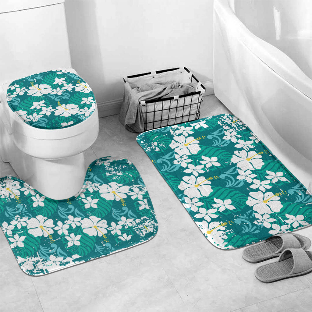Teal Hawaiian Hibiscus Monstera Bathroom Set Grunge Stylized