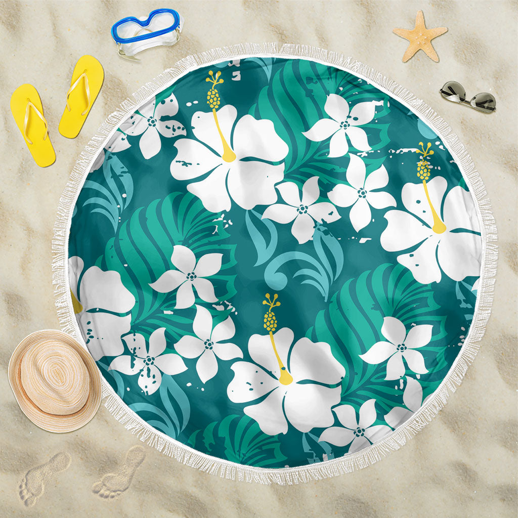 Teal Hawaiian Hibiscus Monstera Beach Blanket Grunge Stylized