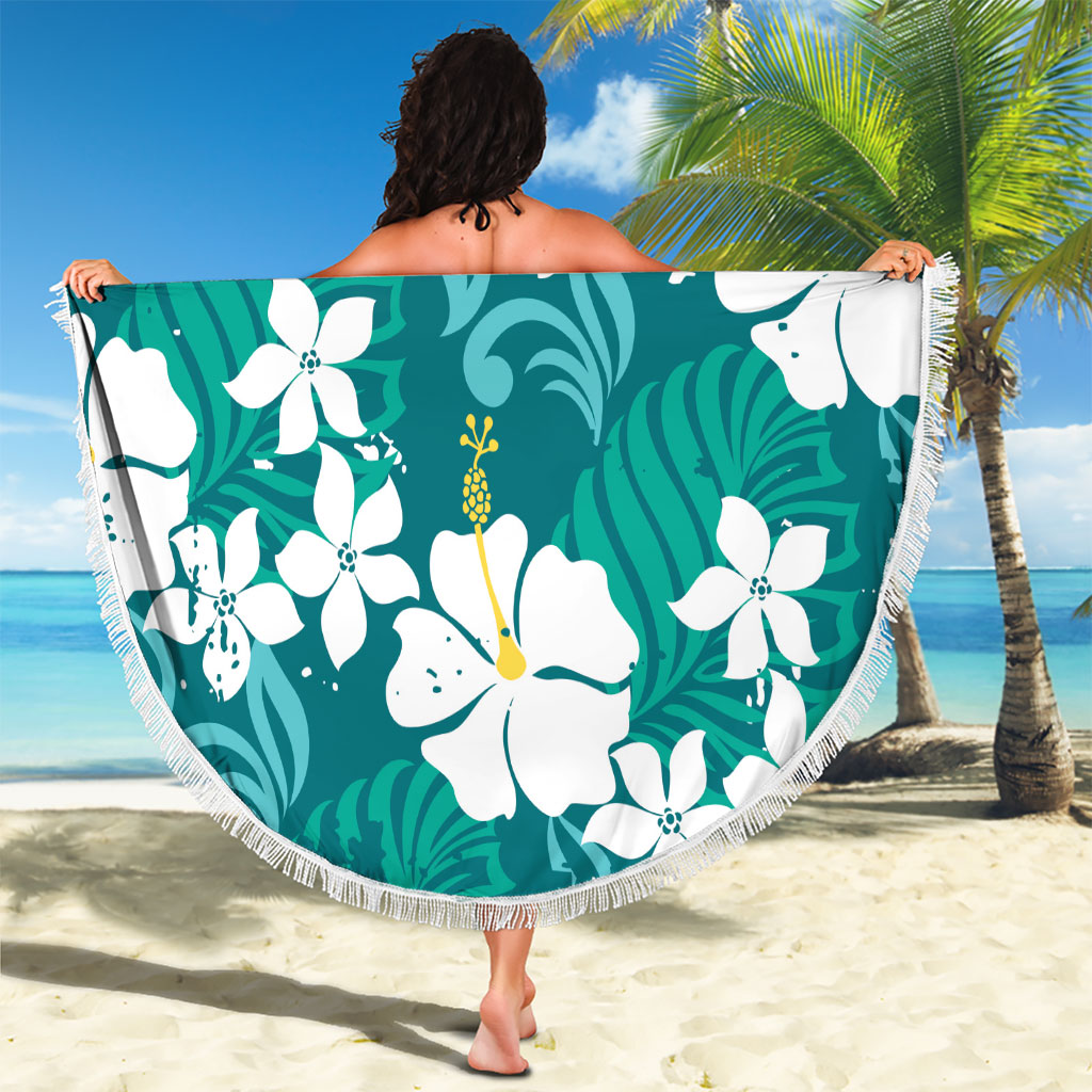 Teal Hawaiian Hibiscus Monstera Beach Blanket Grunge Stylized LT01 - Polynesian Pride