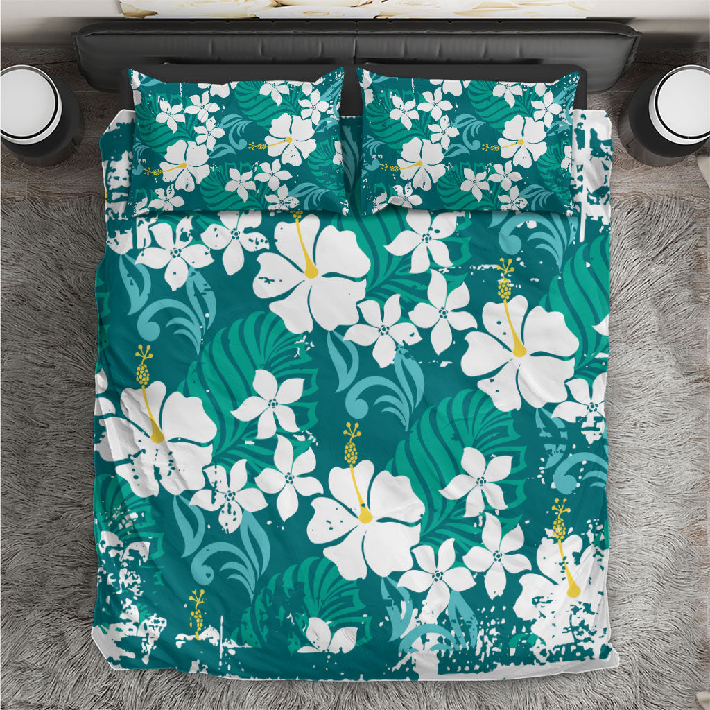 Teal Hawaiian Hibiscus Monstera Bedding Set Grunge Stylized