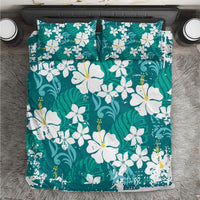 Teal Hawaiian Hibiscus Monstera Bedding Set Grunge Stylized