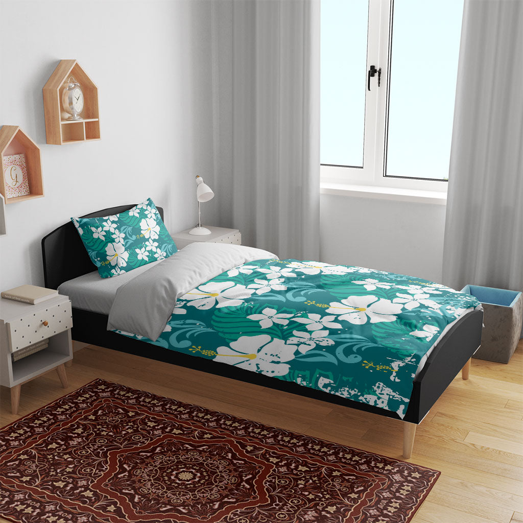 Teal Hawaiian Hibiscus Monstera Bedding Set Grunge Stylized
