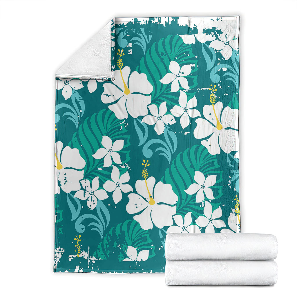 Teal Hawaiian Hibiscus Monstera Blanket Grunge Stylized