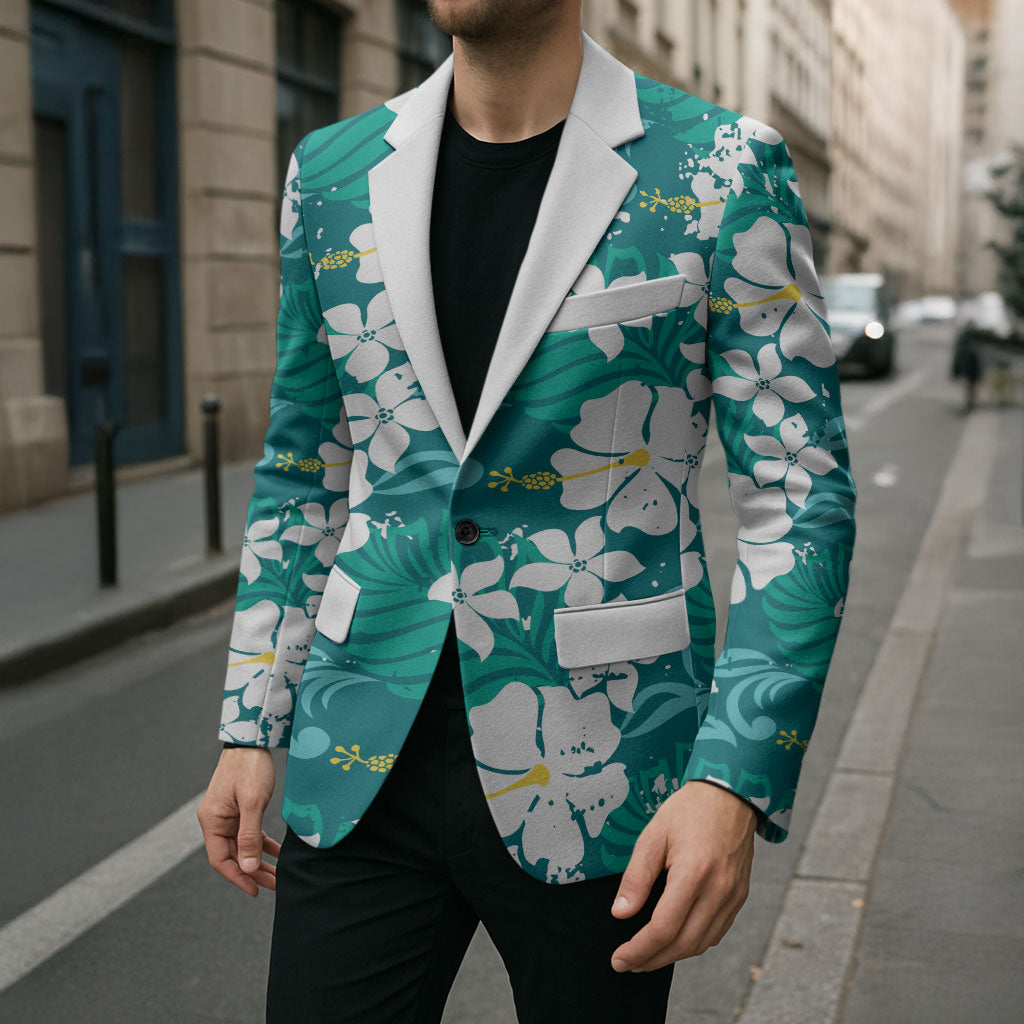 Teal Hawaiian Hibiscus Monstera Blazer Grunge Stylized LT01 - Polynesian Pride