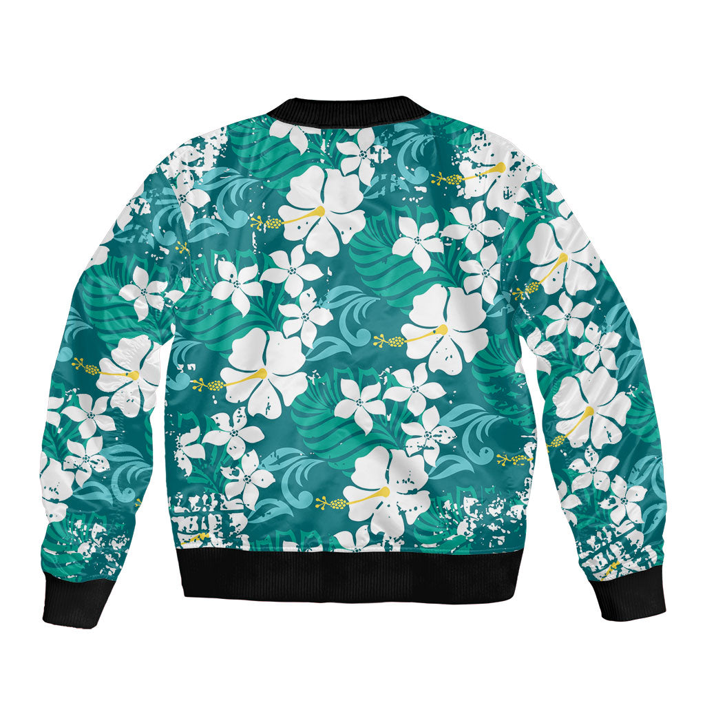 Teal Hawaiian Hibiscus Monstera Bomber Jacket Grunge Stylized