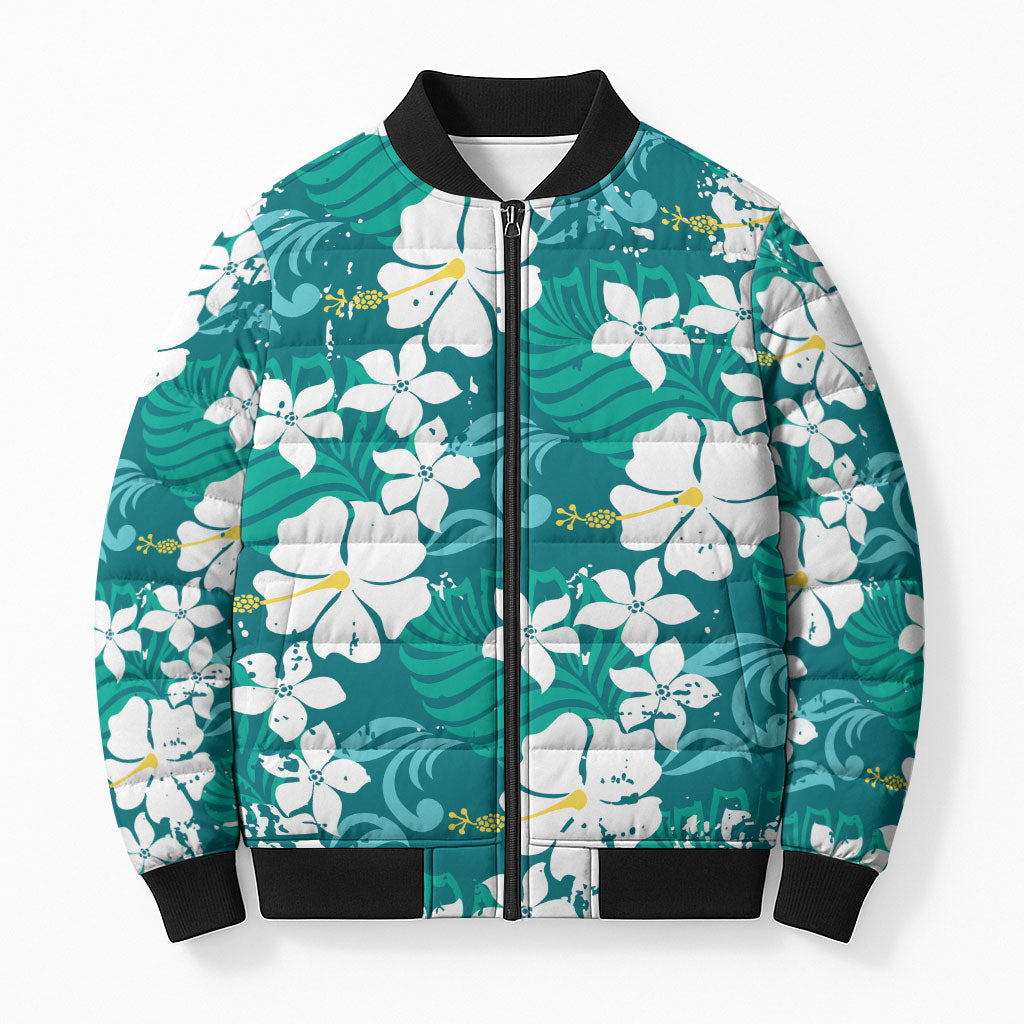 Teal Hawaiian Hibiscus Monstera Bomber Puffer Jacket Grunge Stylized LT01 Unisex Teal - Polynesian Pride