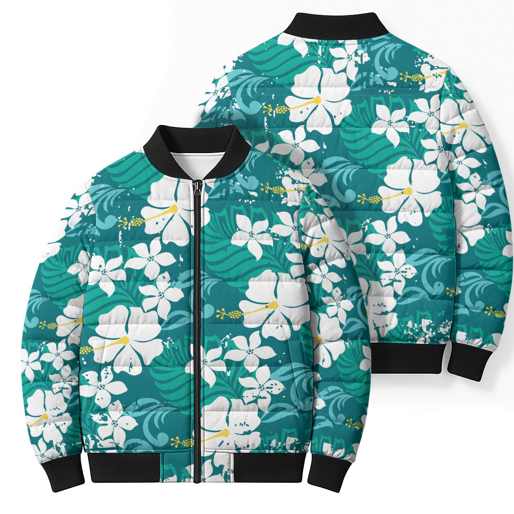 Teal Hawaiian Hibiscus Monstera Bomber Puffer Jacket Grunge Stylized LT01 - Polynesian Pride