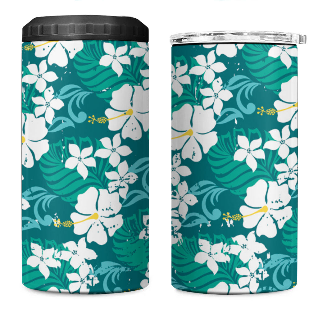 Teal Hawaiian Hibiscus Monstera 4 in 1 Can Cooler Tumbler Grunge Stylized LT01 One Size: 16 oz Teal - Polynesian Pride