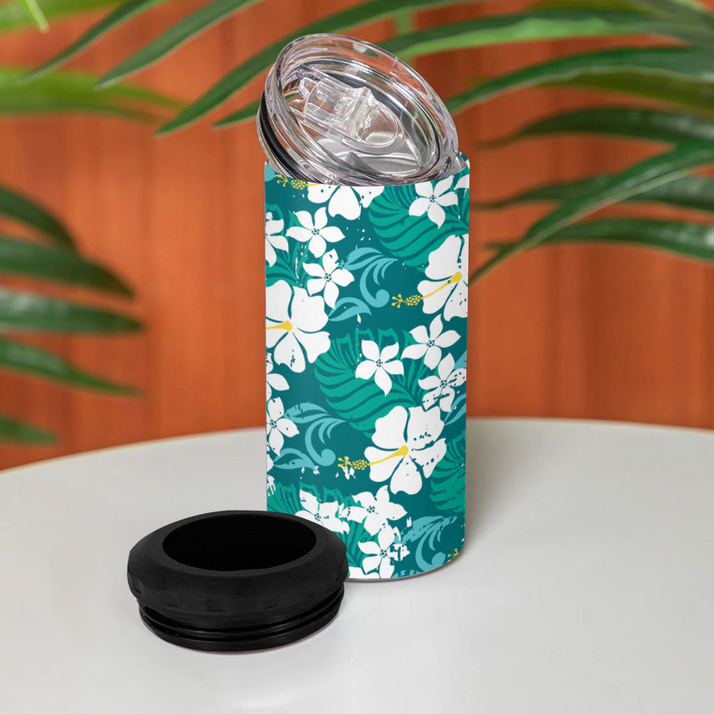 Teal Hawaiian Hibiscus Monstera 4 in 1 Can Cooler Tumbler Grunge Stylized LT01 - Polynesian Pride