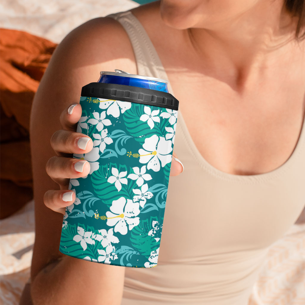 Teal Hawaiian Hibiscus Monstera 4 in 1 Can Cooler Tumbler Grunge Stylized LT01 - Polynesian Pride