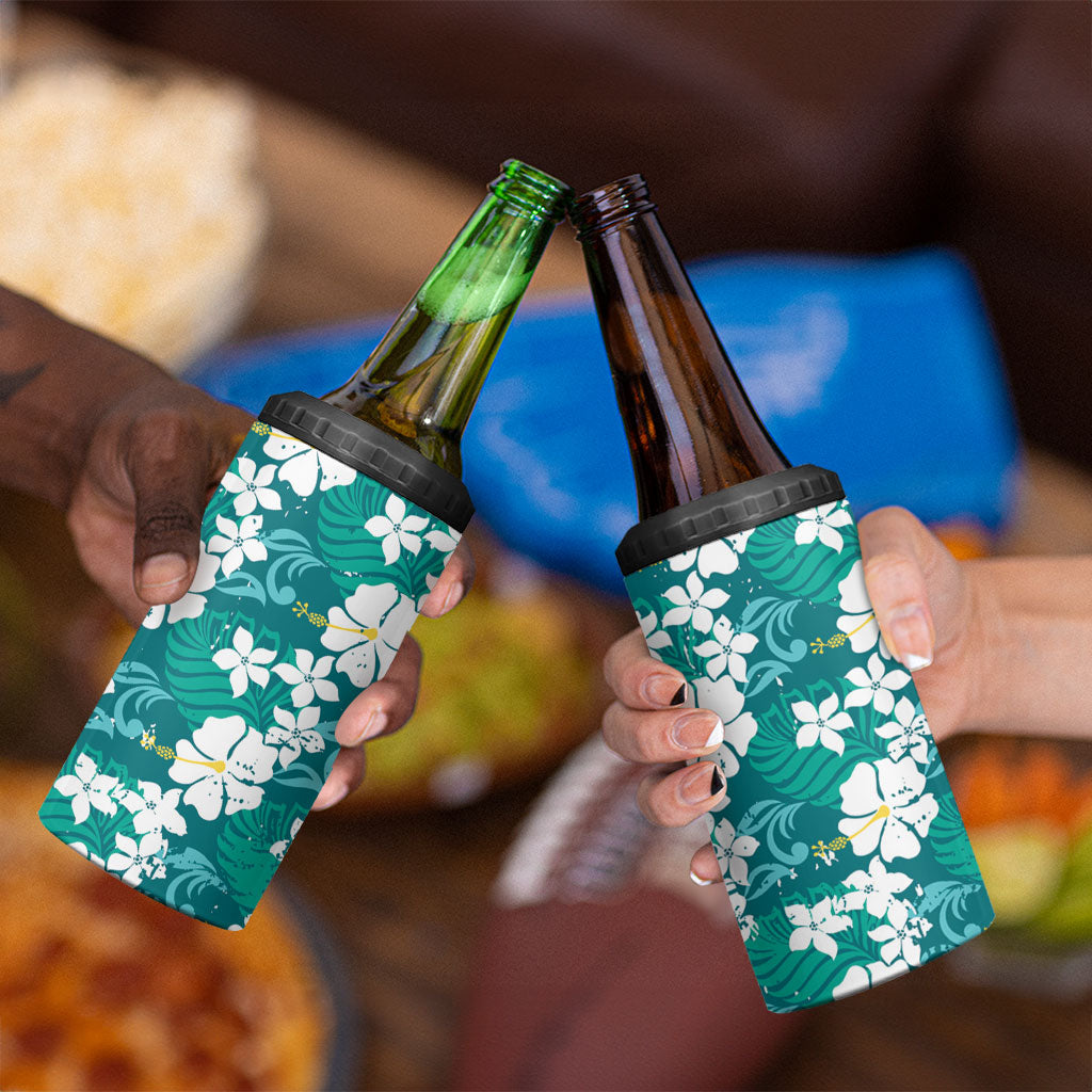 Teal Hawaiian Hibiscus Monstera 4 in 1 Can Cooler Tumbler Grunge Stylized LT01 - Polynesian Pride