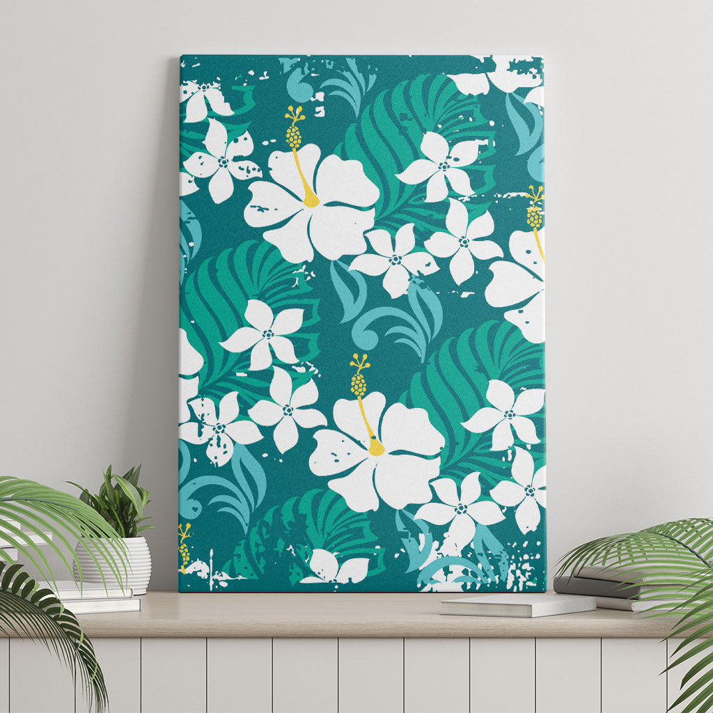 Teal Hawaiian Hibiscus Monstera Canvas Wall Art Grunge Stylized LT01 - Polynesian Pride