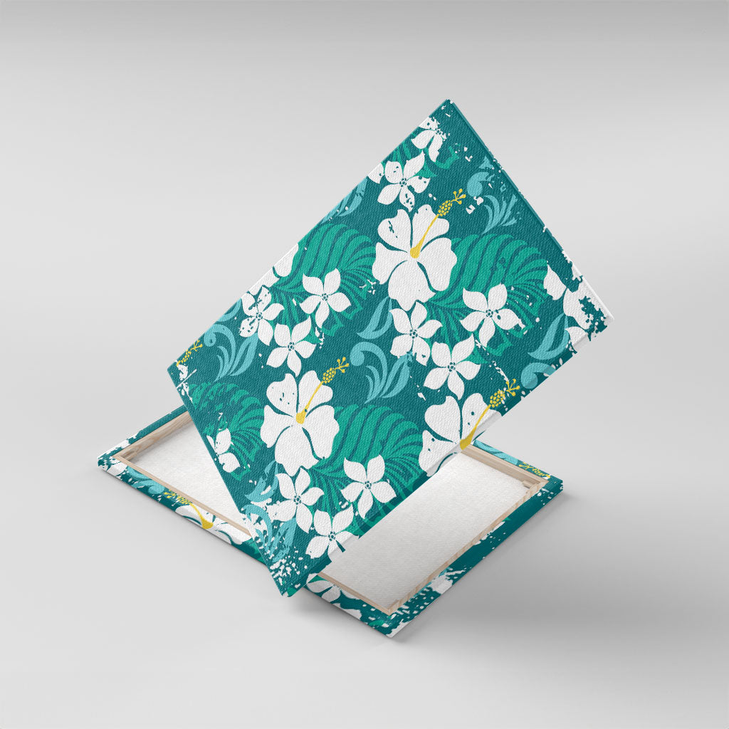 Teal Hawaiian Hibiscus Monstera Canvas Wall Art Grunge Stylized LT01 With Frame Teal - Polynesian Pride