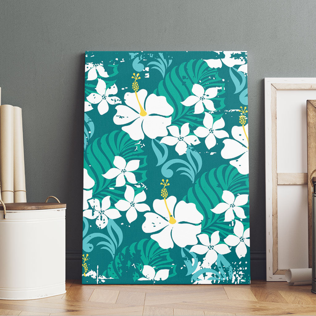 Teal Hawaiian Hibiscus Monstera Canvas Wall Art Grunge Stylized LT01 - Polynesian Pride