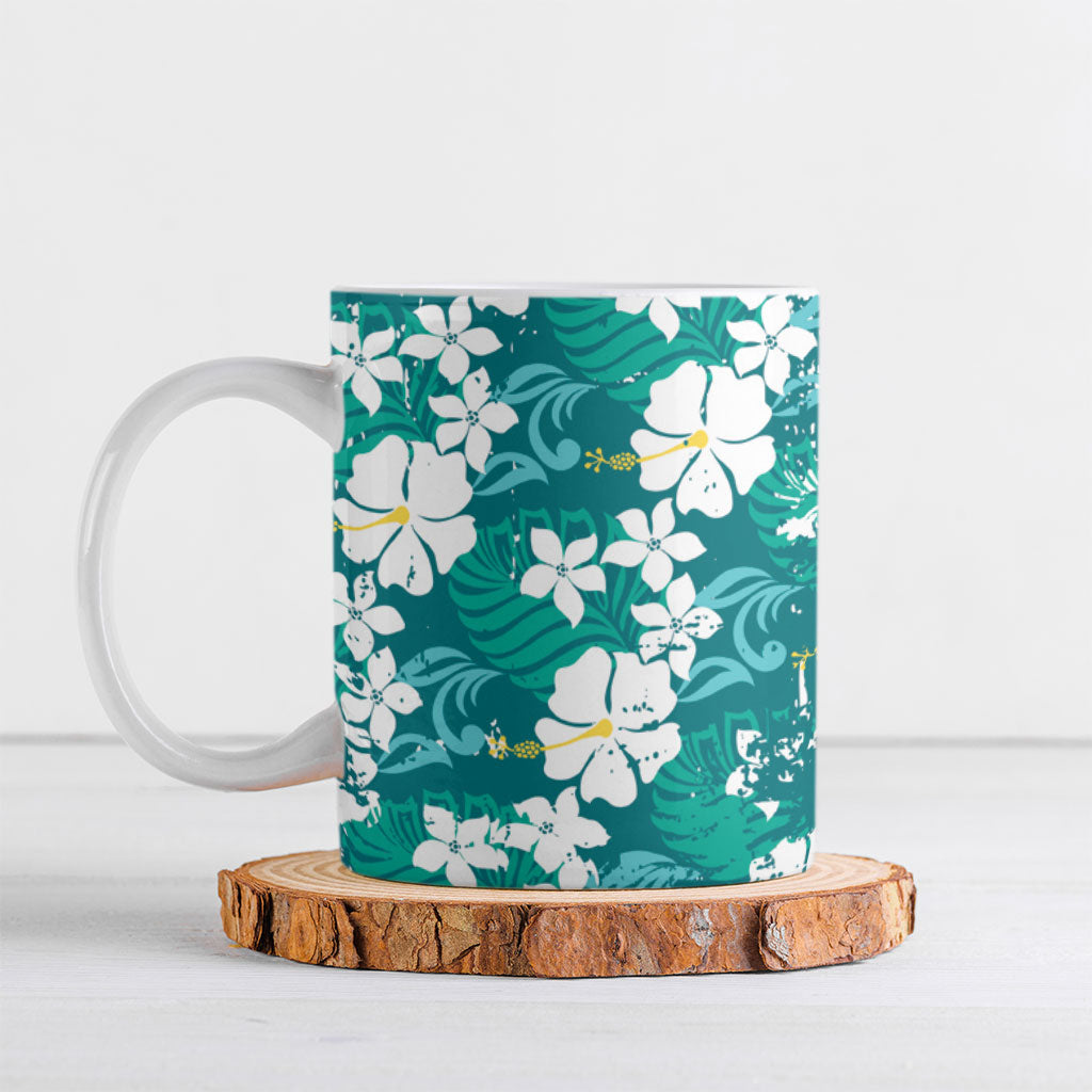 Teal Hawaiian Hibiscus Monstera Ceramic Mug Grunge Stylized LT01 Teal - Polynesian Pride