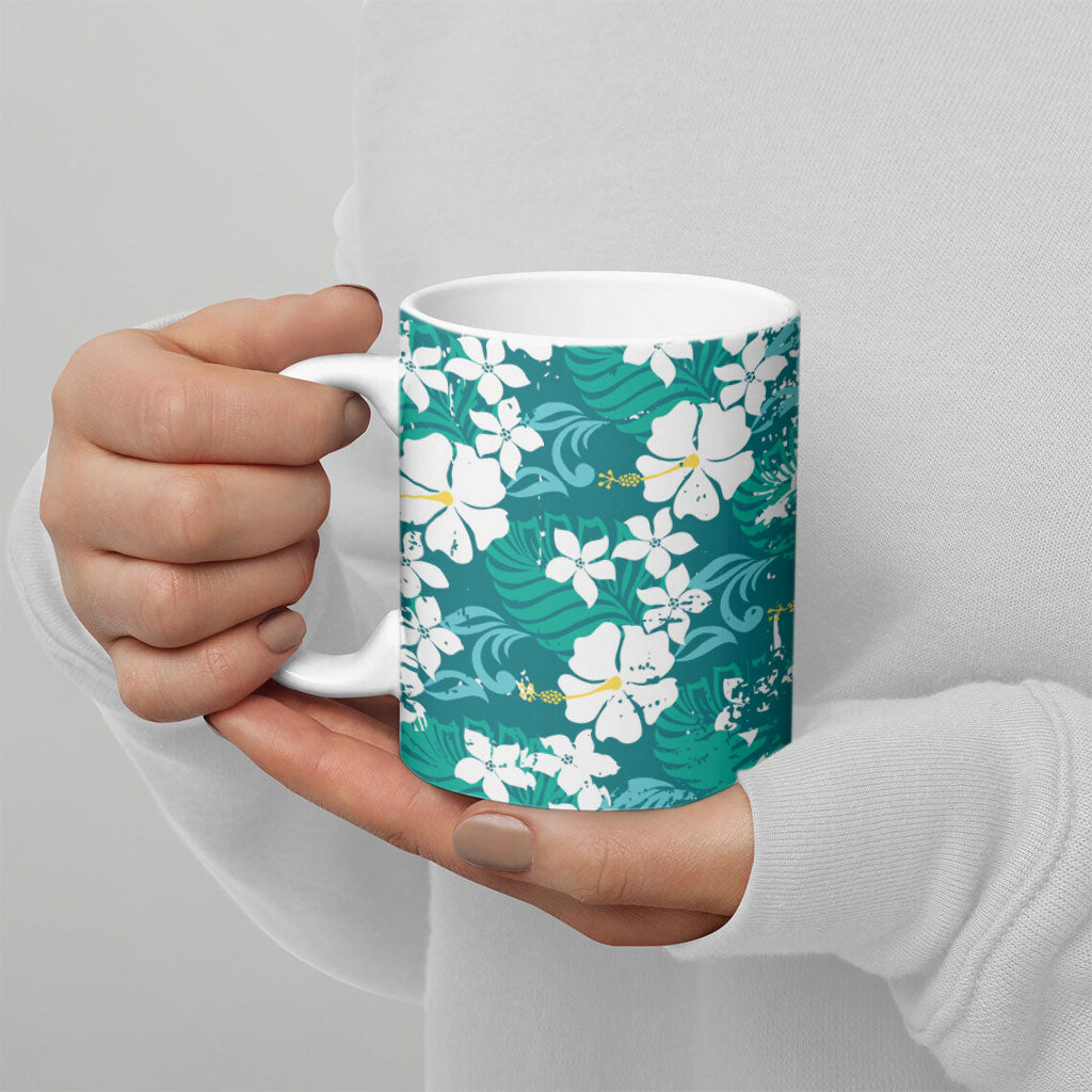 Teal Hawaiian Hibiscus Monstera Ceramic Mug Grunge Stylized