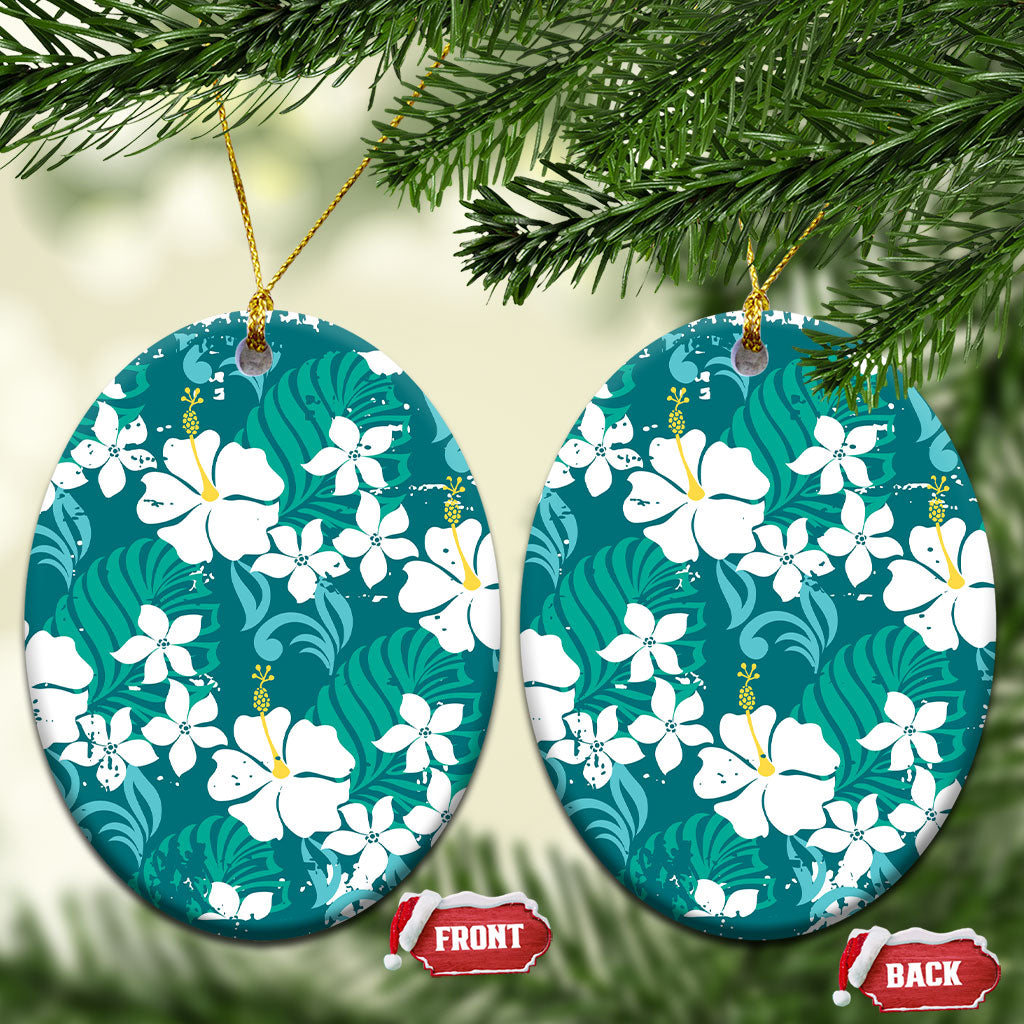 Teal Hawaiian Hibiscus Monstera Ceramic Ornament Grunge Stylized LT01 Oval Teal - Polynesian Pride