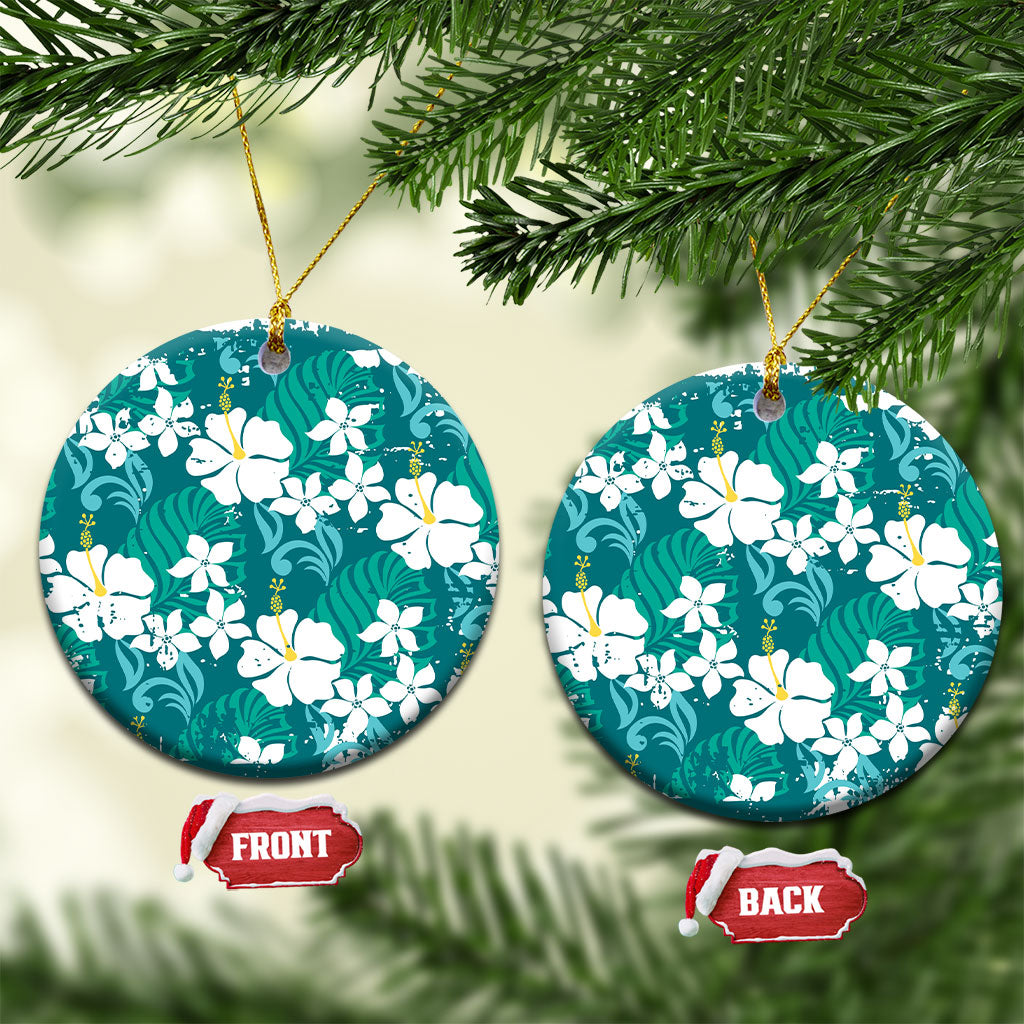 Teal Hawaiian Hibiscus Monstera Ceramic Ornament Grunge Stylized LT01 Circle Teal - Polynesian Pride