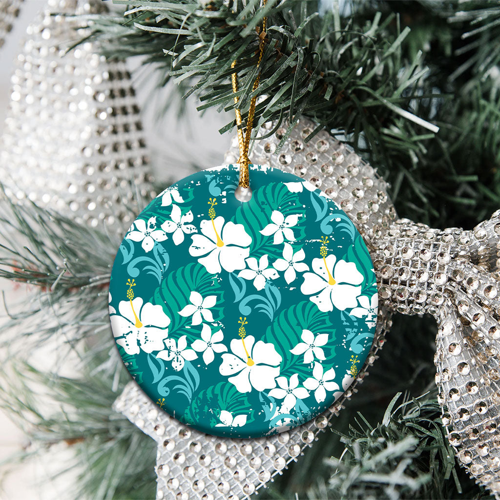 Teal Hawaiian Hibiscus Monstera Ceramic Ornament Grunge Stylized LT01 - Polynesian Pride