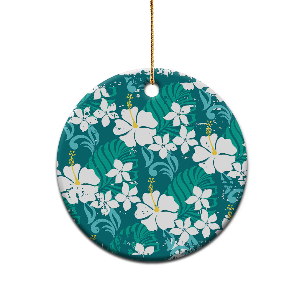 Teal Hawaiian Hibiscus Monstera Ceramic Ornament Grunge Stylized LT01 - Polynesian Pride