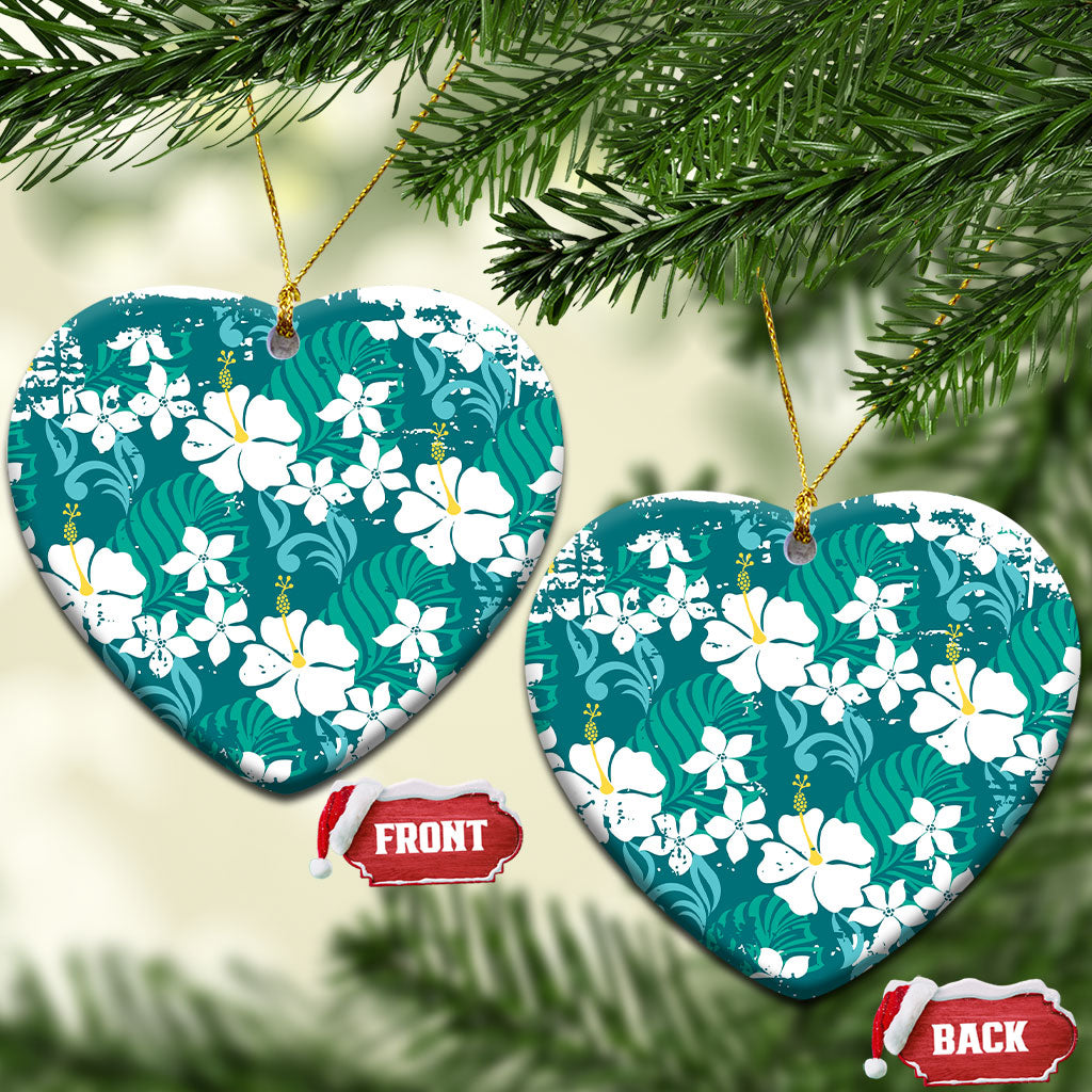 Teal Hawaiian Hibiscus Monstera Ceramic Ornament Grunge Stylized LT01 Heart Teal - Polynesian Pride