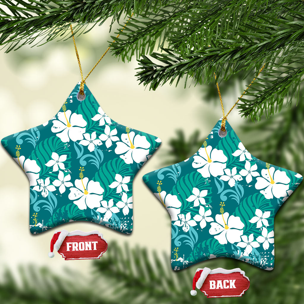 Teal Hawaiian Hibiscus Monstera Ceramic Ornament Grunge Stylized LT01 Star Teal - Polynesian Pride