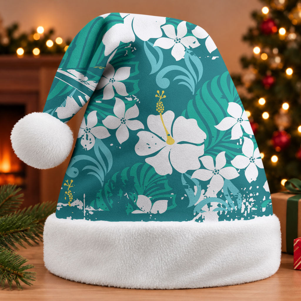 Teal Hawaiian Hibiscus Monstera Christmas Santa Hat Grunge Stylized LT01 Without Fur Teal - Polynesian Pride