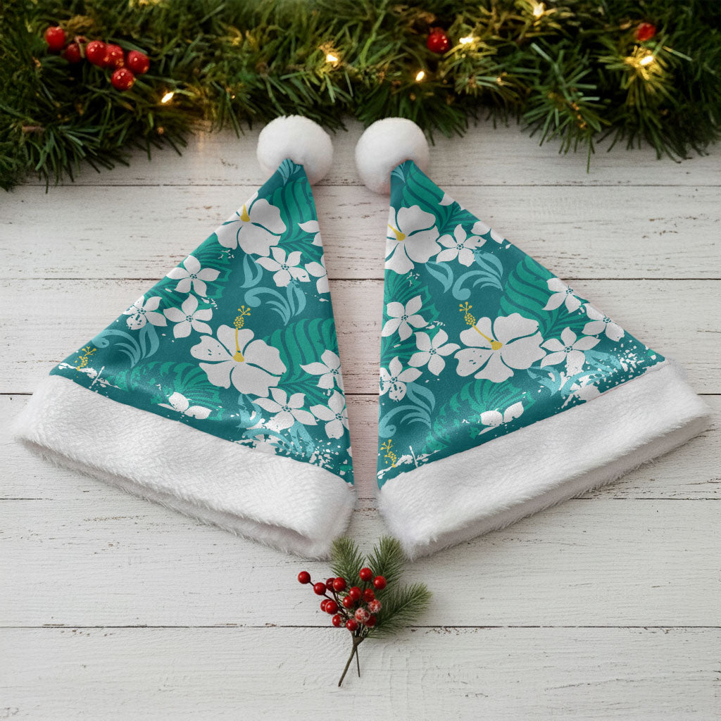 Teal Hawaiian Hibiscus Monstera Christmas Santa Hat Grunge Stylized LT01 - Polynesian Pride