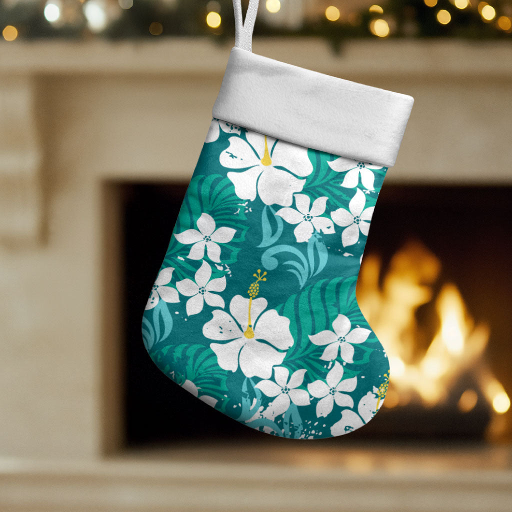 Teal Hawaiian Hibiscus Monstera Christmas Stocking Grunge Stylized