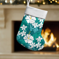 Teal Hawaiian Hibiscus Monstera Christmas Stocking Grunge Stylized