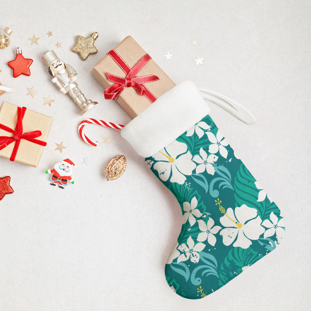 Teal Hawaiian Hibiscus Monstera Christmas Stocking Grunge Stylized