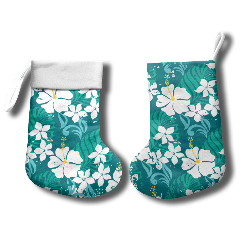 Teal Hawaiian Hibiscus Monstera Christmas Stocking Grunge Stylized
