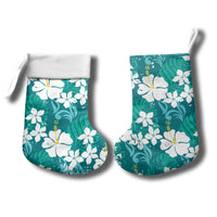 Teal Hawaiian Hibiscus Monstera Christmas Stocking Grunge Stylized