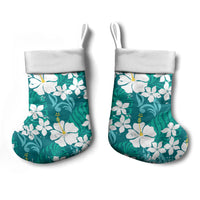 Teal Hawaiian Hibiscus Monstera Christmas Stocking Grunge Stylized