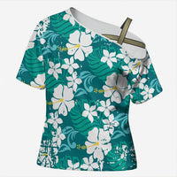 Teal Hawaiian Hibiscus Monstera Cross Shoulder Shirt Grunge Stylized LT01 Female Teal - Polynesian Pride