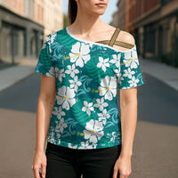 Teal Hawaiian Hibiscus Monstera Cross Shoulder Shirt Grunge Stylized LT01 - Polynesian Pride