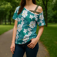Teal Hawaiian Hibiscus Monstera Cross Shoulder Shirt Grunge Stylized LT01 - Polynesian Pride