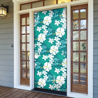 Teal Hawaiian Hibiscus Monstera Door Cover Grunge Stylized