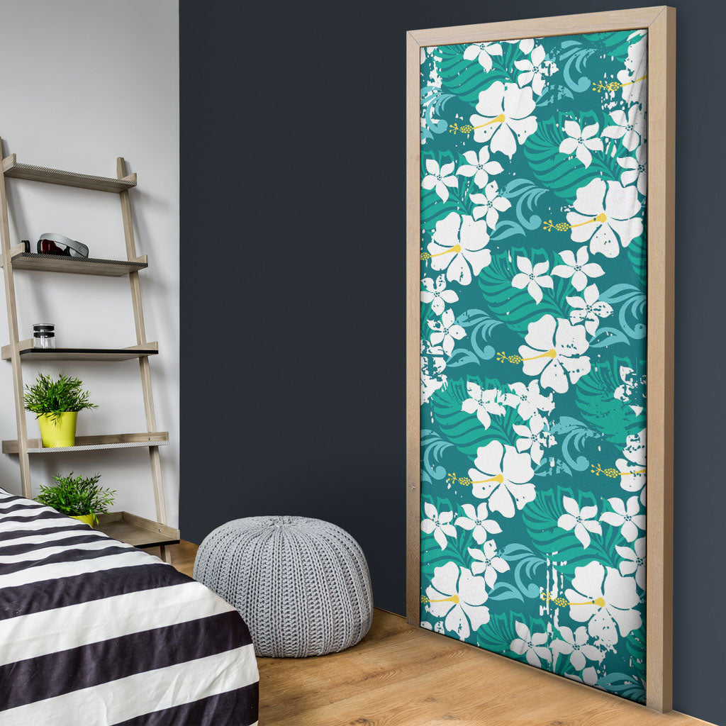Teal Hawaiian Hibiscus Monstera Door Cover Grunge Stylized