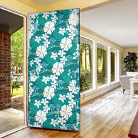 Teal Hawaiian Hibiscus Monstera Door Cover Grunge Stylized