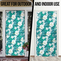 Teal Hawaiian Hibiscus Monstera Door Cover Grunge Stylized