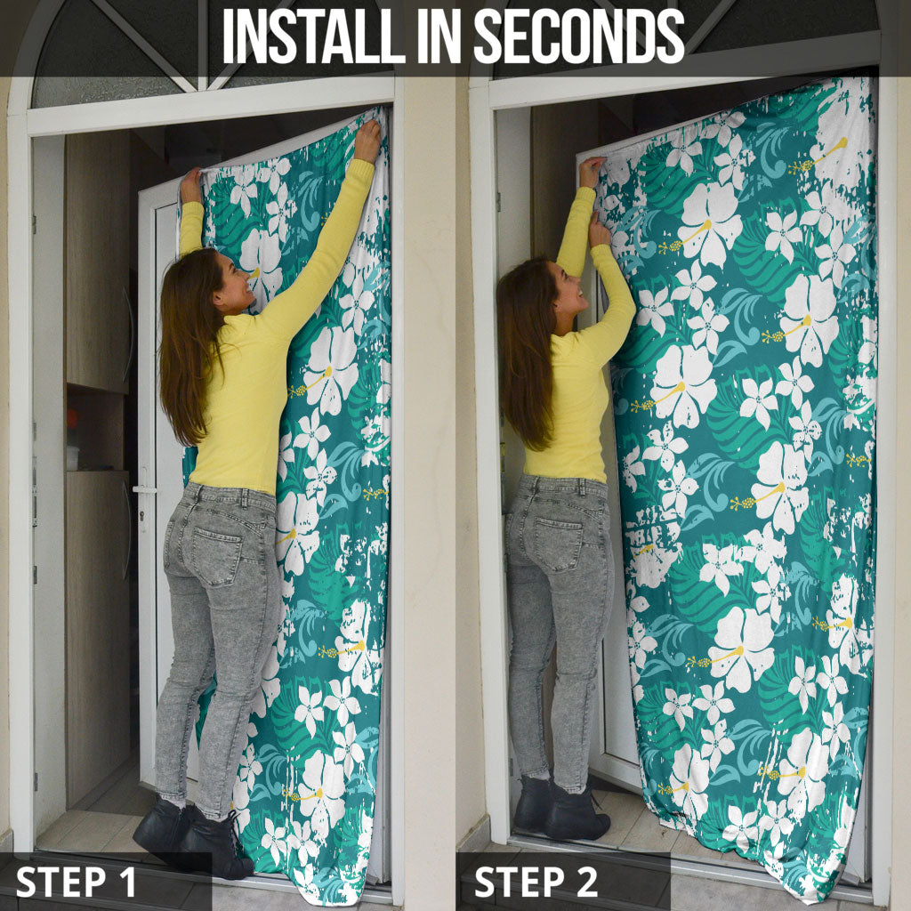 Teal Hawaiian Hibiscus Monstera Door Cover Grunge Stylized