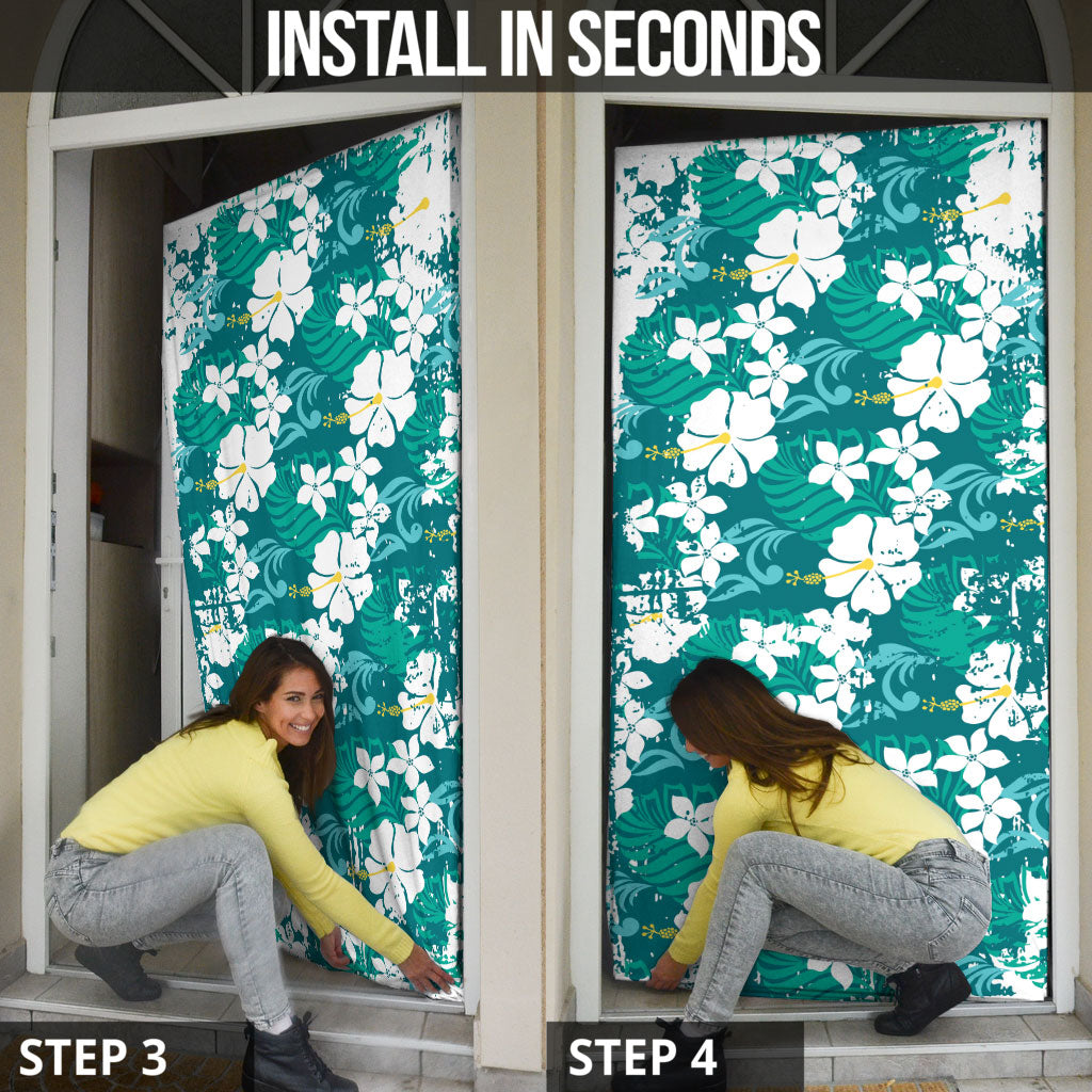 Teal Hawaiian Hibiscus Monstera Door Cover Grunge Stylized