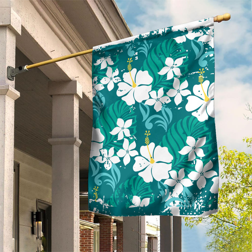 Teal Hawaiian Hibiscus Monstera Garden Flag Grunge Stylized