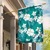 Teal Hawaiian Hibiscus Monstera Garden Flag Grunge Stylized