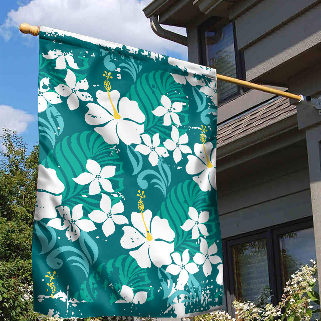 Teal Hawaiian Hibiscus Monstera Garden Flag Grunge Stylized